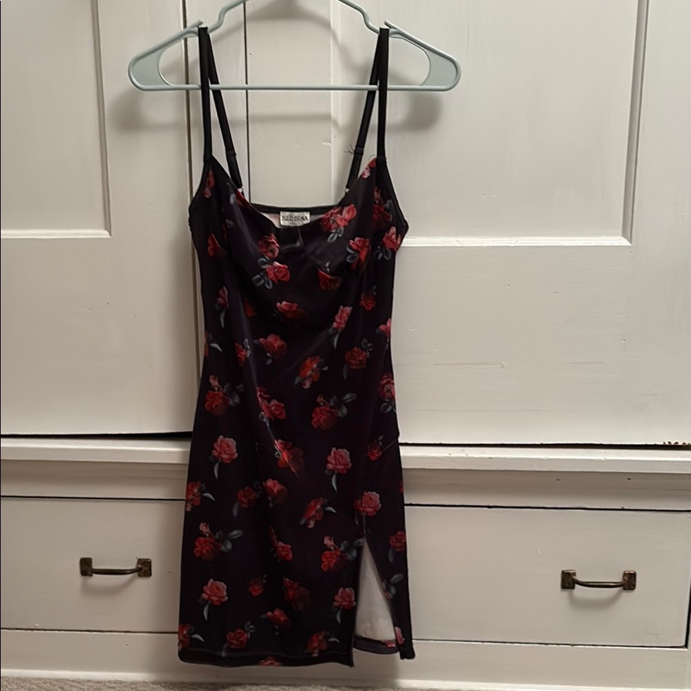 Faux Velvet Floral Black Slip Chemise